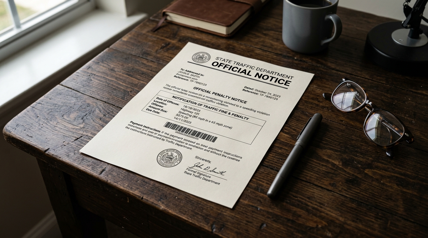 Official traffic fine letter with glasses and pen on desk