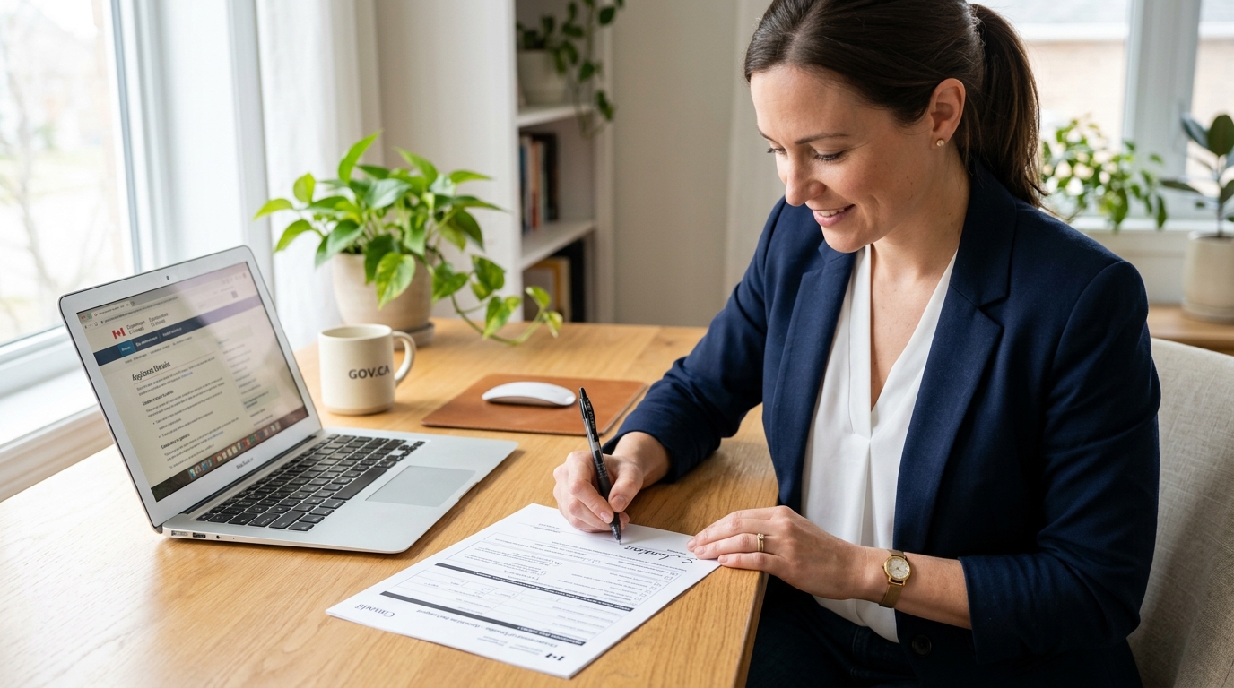 Person signing an application document with pen on desk next to laptop