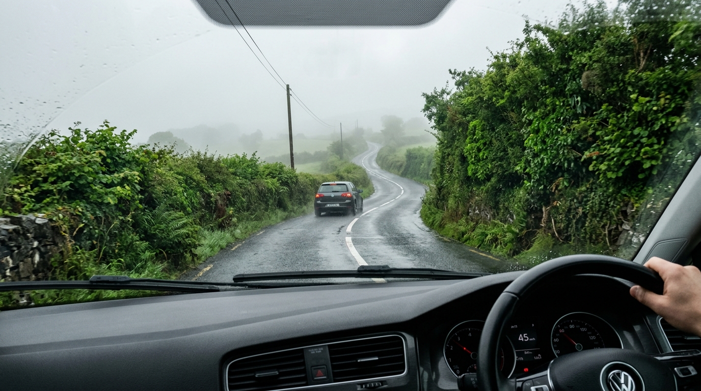 View from dashboard looking out at a wet, winding regional rural road in Ireland covered in light fog