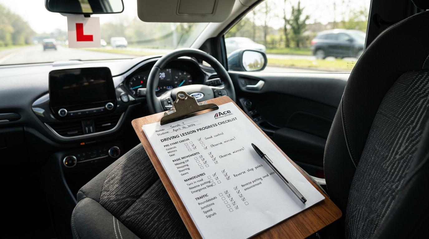 Clipboard with driving test checklist lying on a car seat