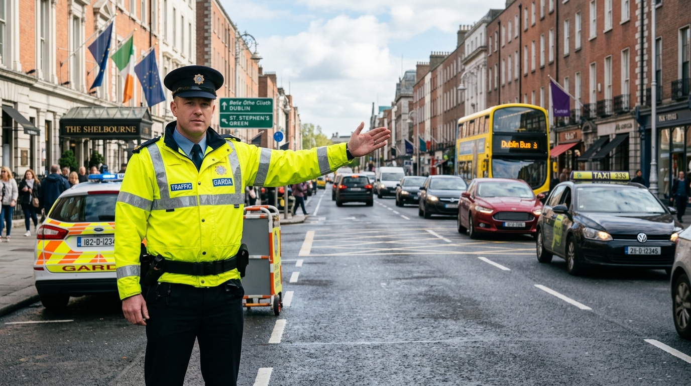 Garda traffic officer in high visibility jacket stops traffic with hand gesture