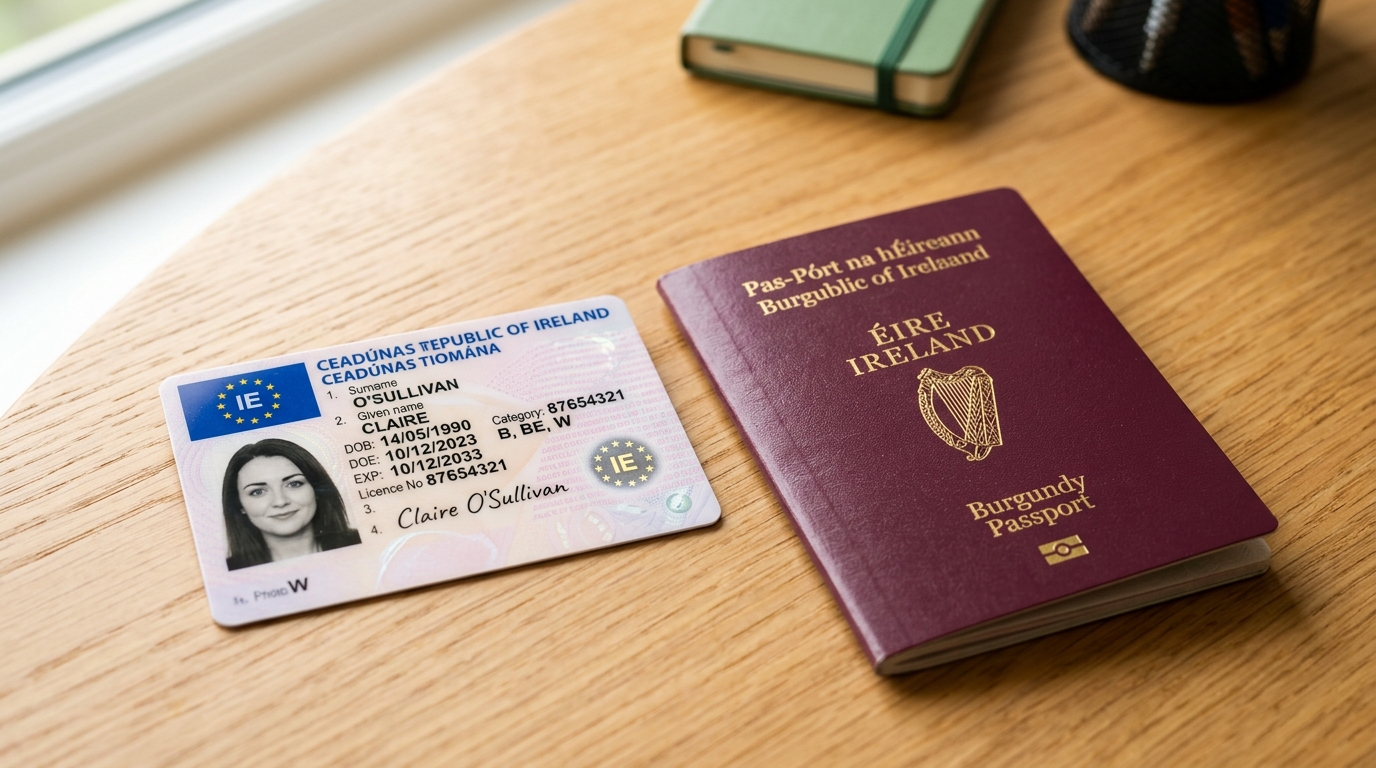 European Union driving license next to a passport on wooden desk