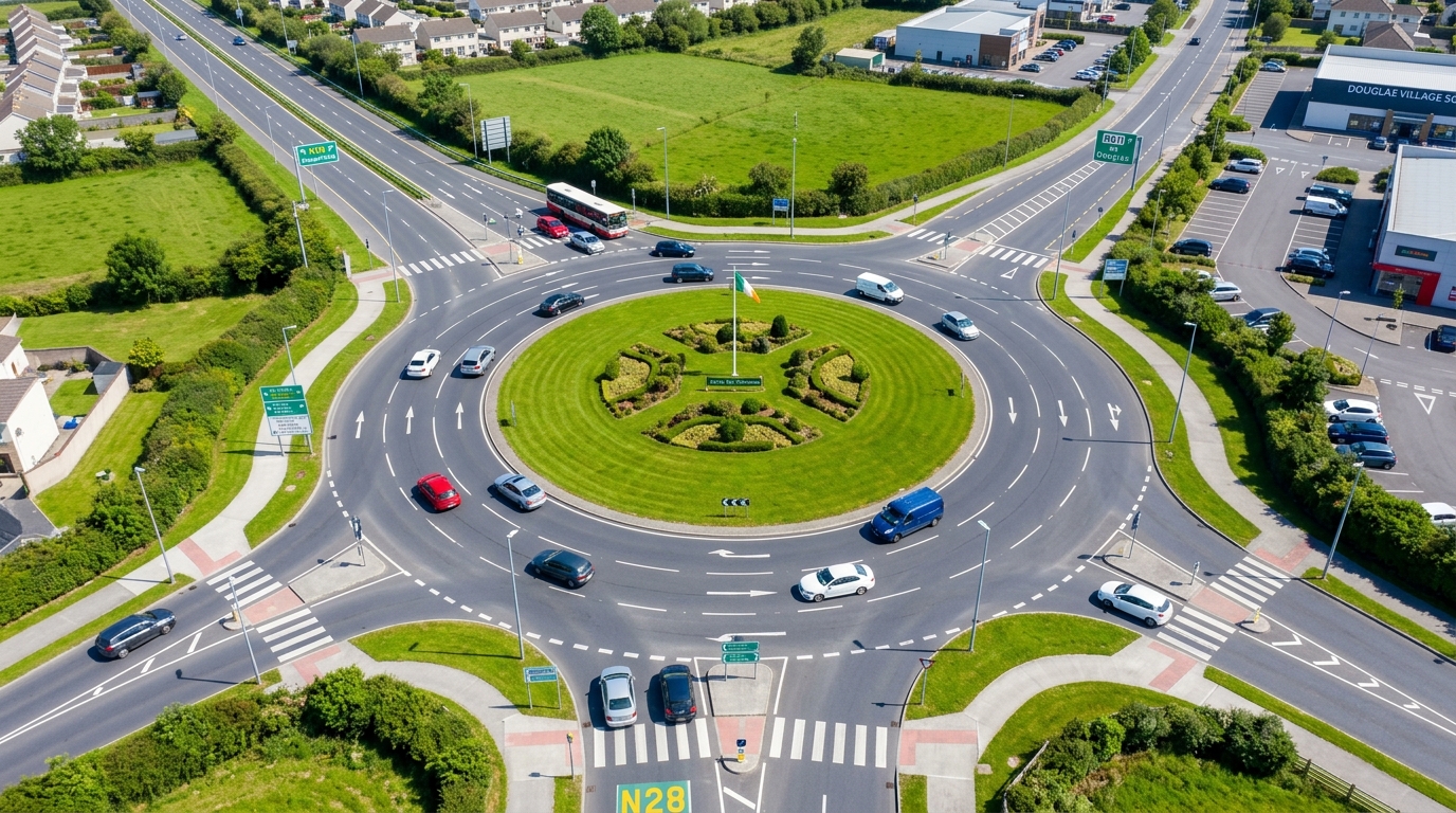 Aerial view of multi-lane roundabout with lanes and paint markers