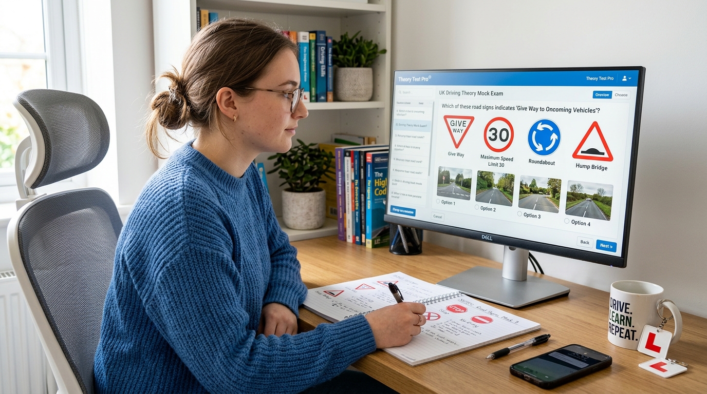 Student driver studying for theory test with computer monitor showing mock exam