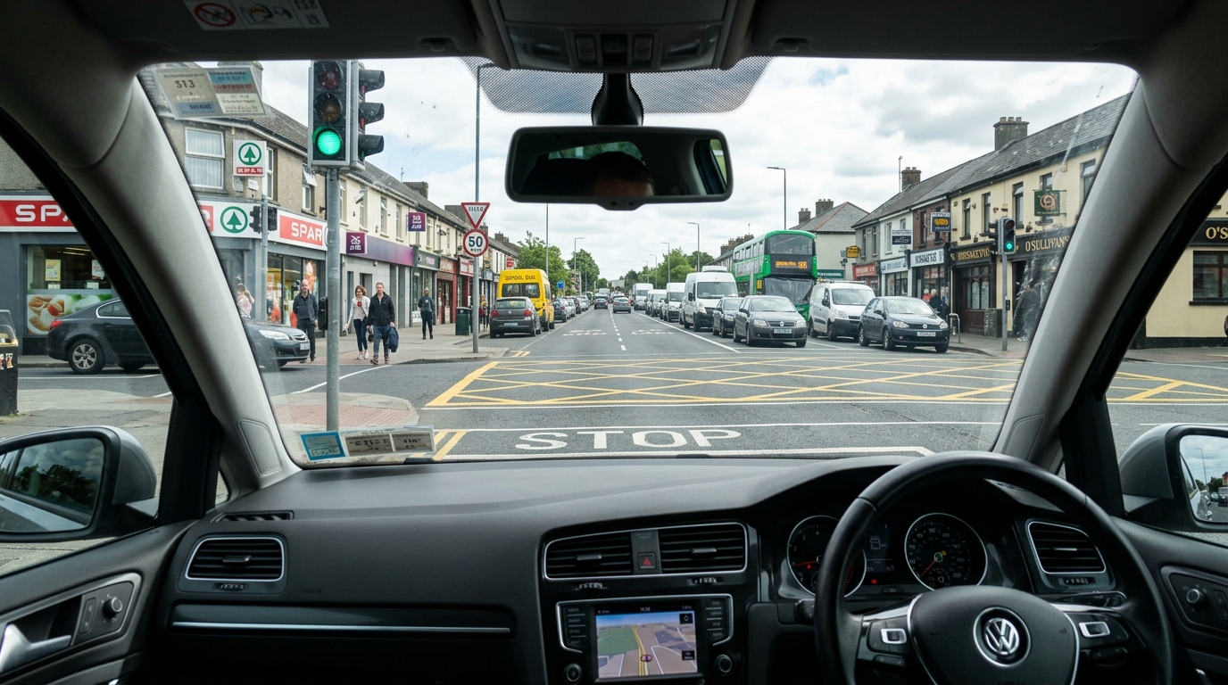 Driver's view of a yellow box junction with blocked exit ahead