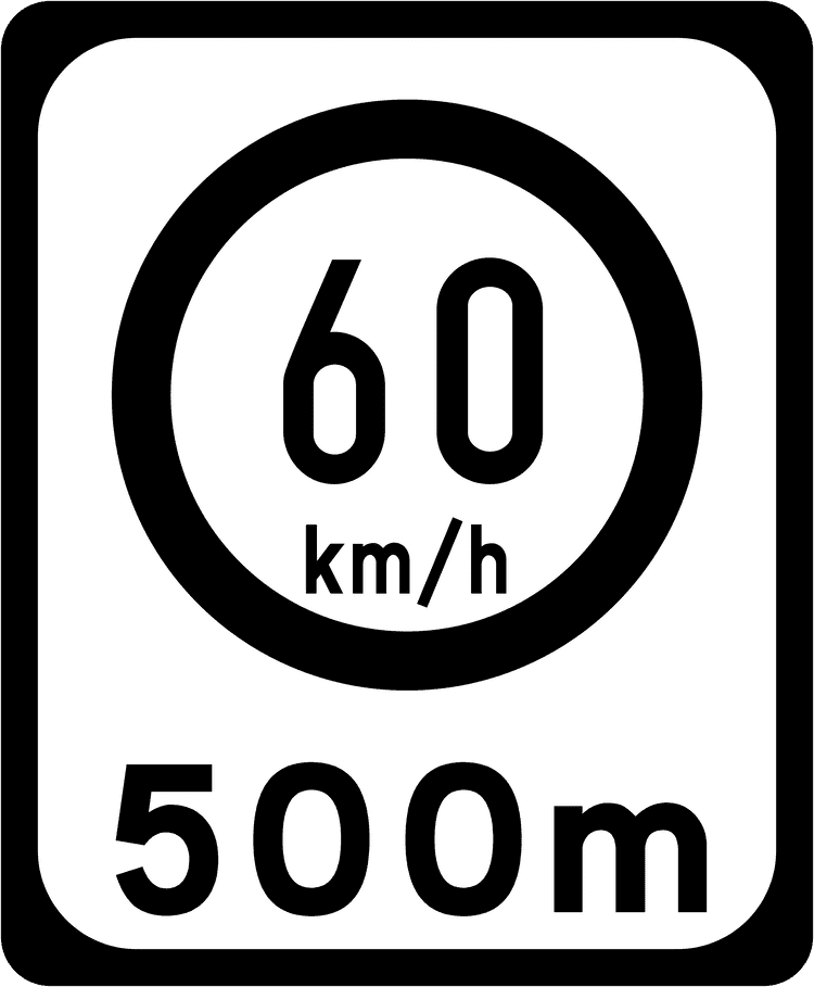 A common road sign in Ireland for 60 kmh speed limit ahead. Driving Theory Test revision.