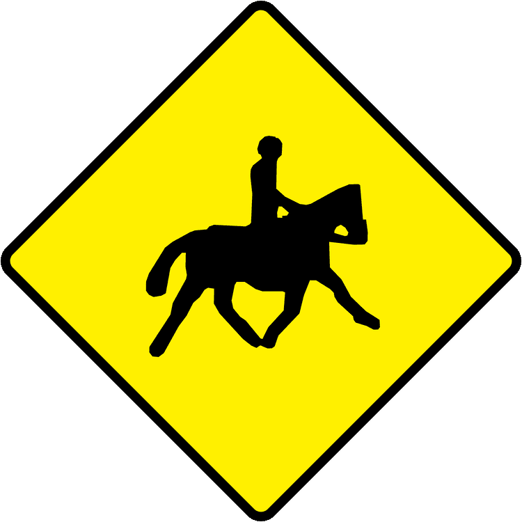 Irish Warning Sign: Accompanied Horses - Driving Theory Test Prep A triangular warning traffic sign in Ireland depicting accompanied horses. Memorize for DTT.
