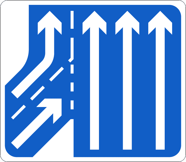 A common road sign in Ireland for additional lanes joining from left - left joining lane continues (three to four lanes)2. Driving Theory Test revision.