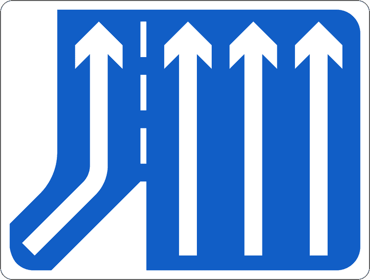 A common road sign in Ireland for additional lanes joining from left - left joining lane continues (three to four lanes). Driving Theory Test revision.