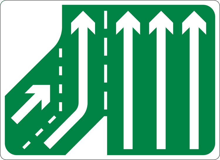A common road sign in Ireland for additional lanes joining from left - right joining lane continues (three to four lanes). Driving Theory Test revision.