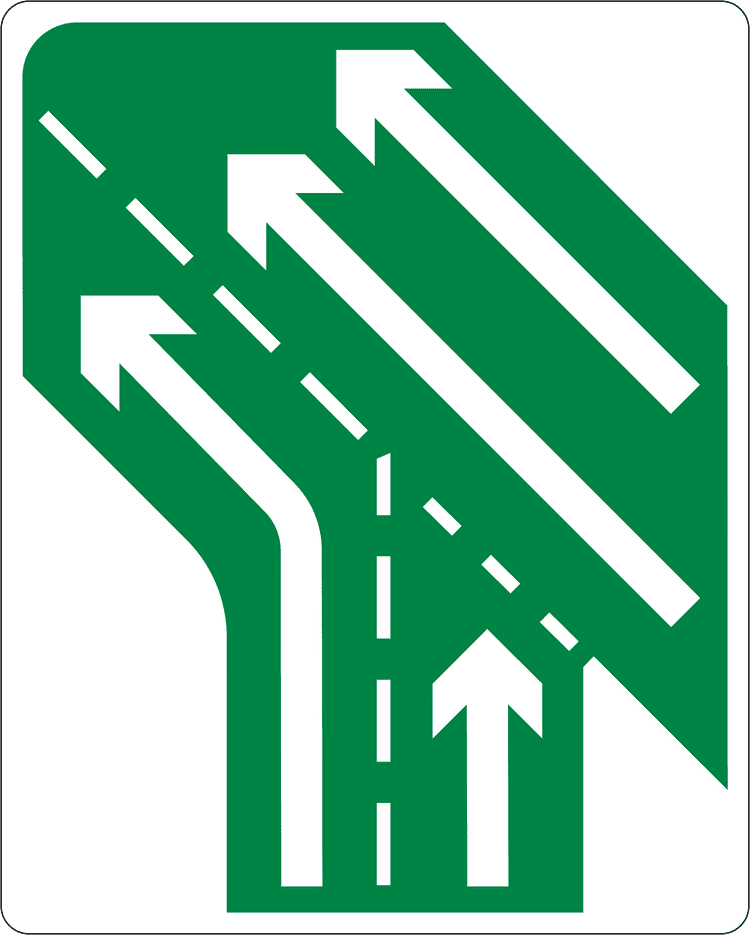 A common road sign in Ireland for additional lanes joining from right - left joining lane continues (two to three lanes). Driving Theory Test revision.
