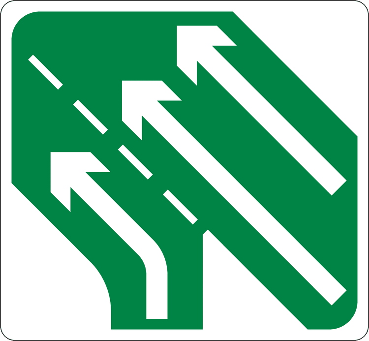 Irish Traffic Sign: Additional Lanes Joining From Right (Two to Three Lanes) A common road sign in Ireland for additional lanes joining from right (two to three lanes). Driving Theory Test revision.