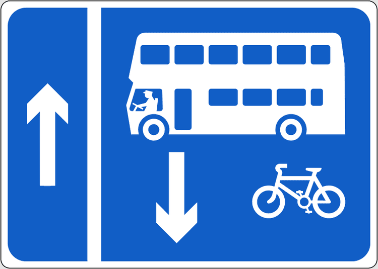 A regulatory road sign in Ireland enforcing contra-flow bus lane. Essential for the Driving Theory Test.