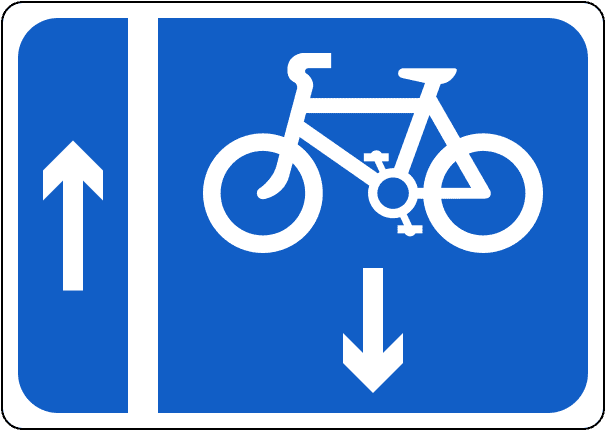 Ireland Regulatory Sign: Contra-flow Cycle Track (DTT Rules) A regulatory road sign in Ireland enforcing contra-flow cycle track. Essential for the Driving Theory Test.