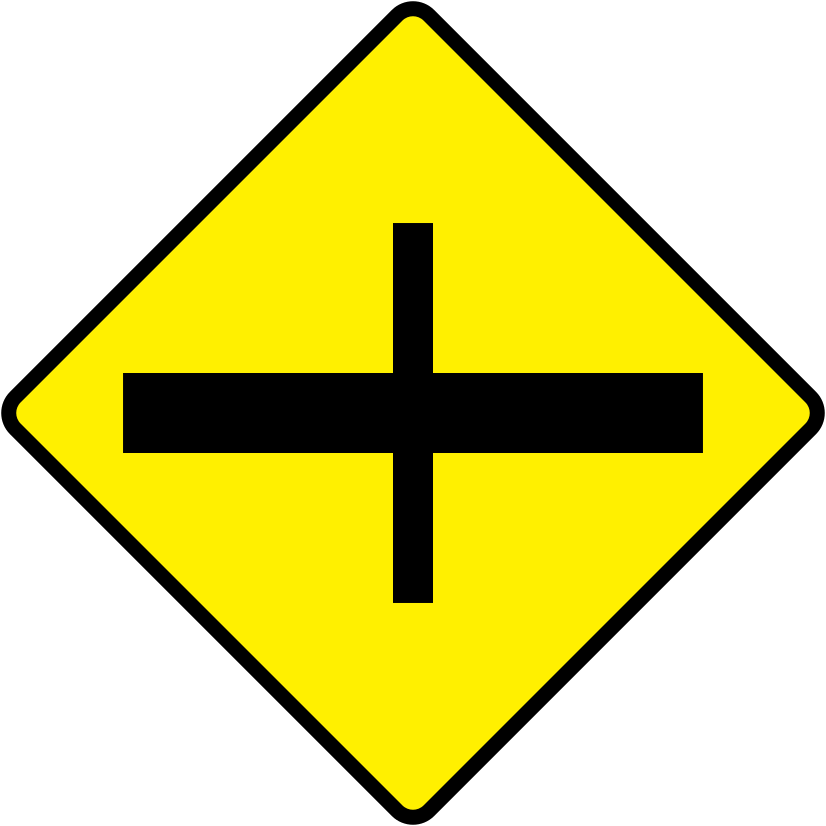 Irish Warning Sign: Crossroads (Major Road) Ahead - Driving Theory Test Prep A triangular warning traffic sign in Ireland depicting crossroads (major road) ahead. Memorize for DTT.