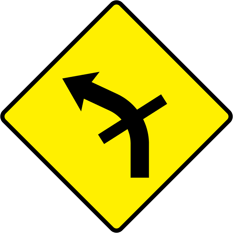 A triangular warning traffic sign in Ireland depicting crossroads on bend - left. Memorize for DTT.