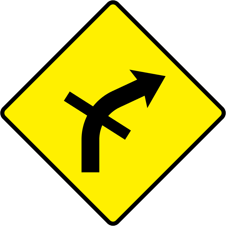A triangular warning traffic sign in Ireland depicting crossroads on bend - right. Memorize for DTT.