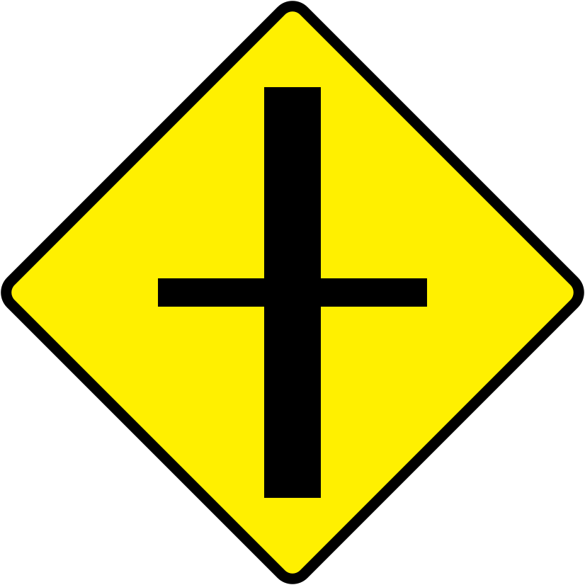 Irish Warning Sign: Crossroads - Driving Theory Test Prep A triangular warning traffic sign in Ireland depicting crossroads. Memorize for DTT.