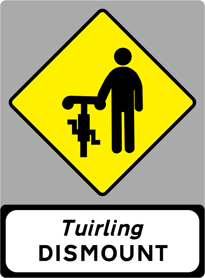 A triangular warning traffic sign in Ireland depicting cyclists dismount. Memorize for DTT.