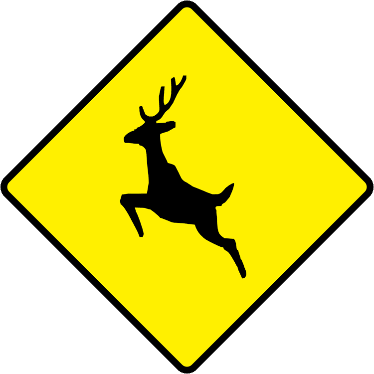 A triangular warning traffic sign in Ireland depicting deer or wild animals. Memorize for DTT.