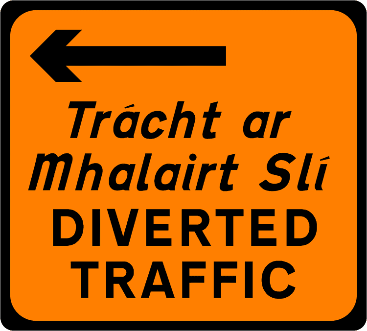 Irish Traffic Sign: Diverted Traffic (Left) A common road sign in Ireland for diverted traffic (left). Driving Theory Test revision.