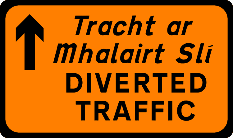 A common road sign in Ireland for diverted traffic (straight). Driving Theory Test revision.