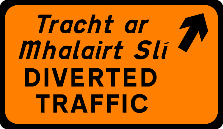 A common road sign in Ireland for diverted traffic (upper right). Driving Theory Test revision.
