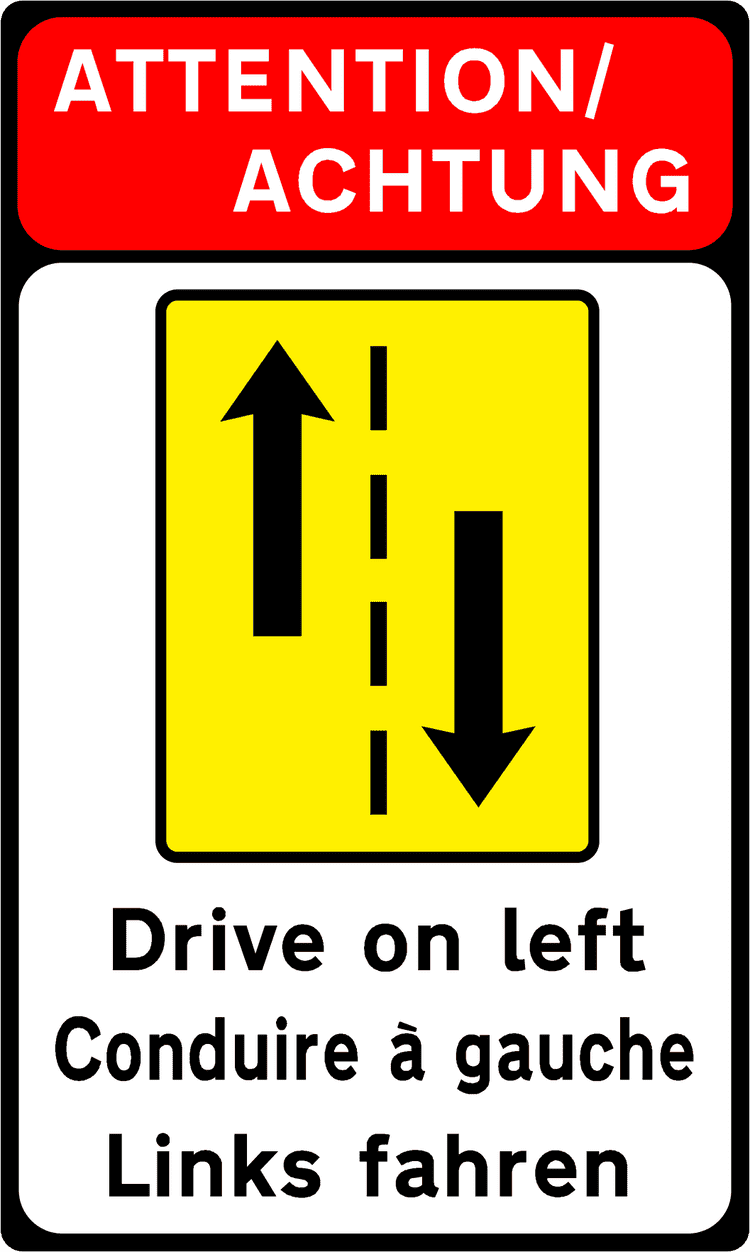 Irish Warning Sign: Drive on Left (Entry Point) - Driving Theory Test Prep A triangular warning traffic sign in Ireland depicting drive on left (entry point). Memorize for DTT.