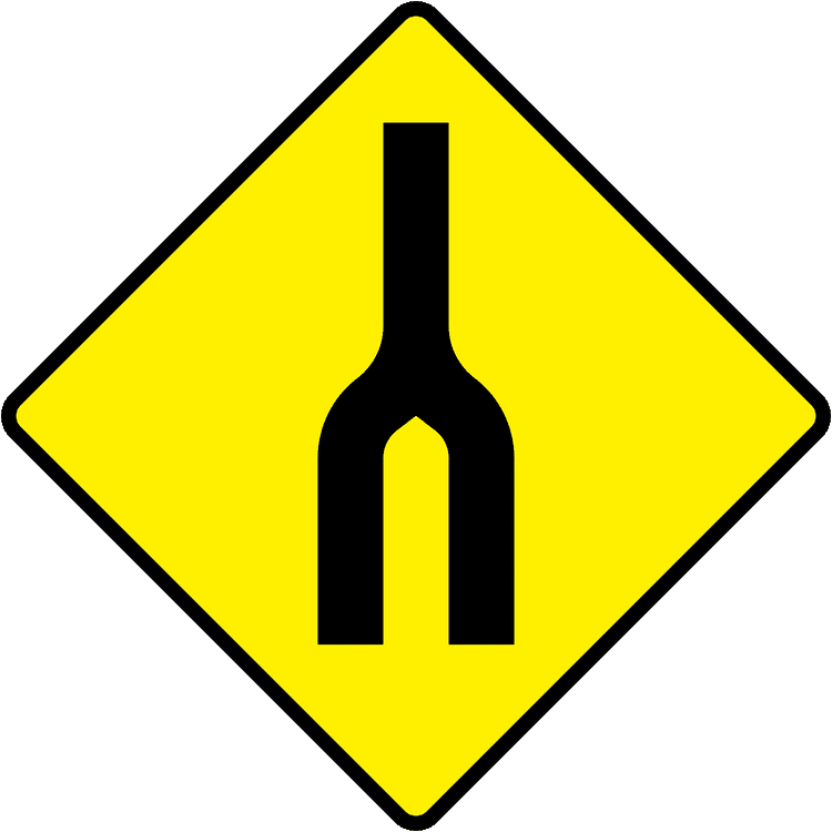 Irish Warning Sign: Dual Carriageway Ends - Driving Theory Test Prep A triangular warning traffic sign in Ireland depicting dual carriageway ends. Memorize for DTT.
