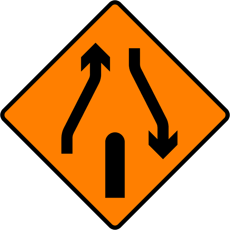 A common road sign in Ireland for end of central reserve or obstruction. Driving Theory Test revision.