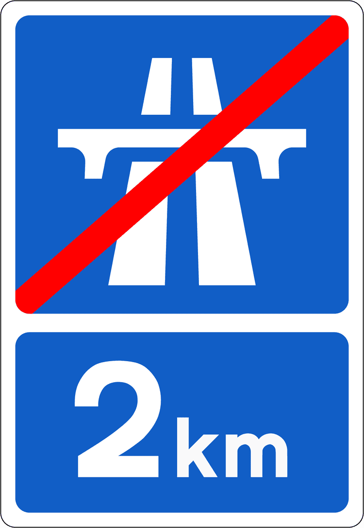 A common road sign in Ireland for end of motorway ahead. Driving Theory Test revision.