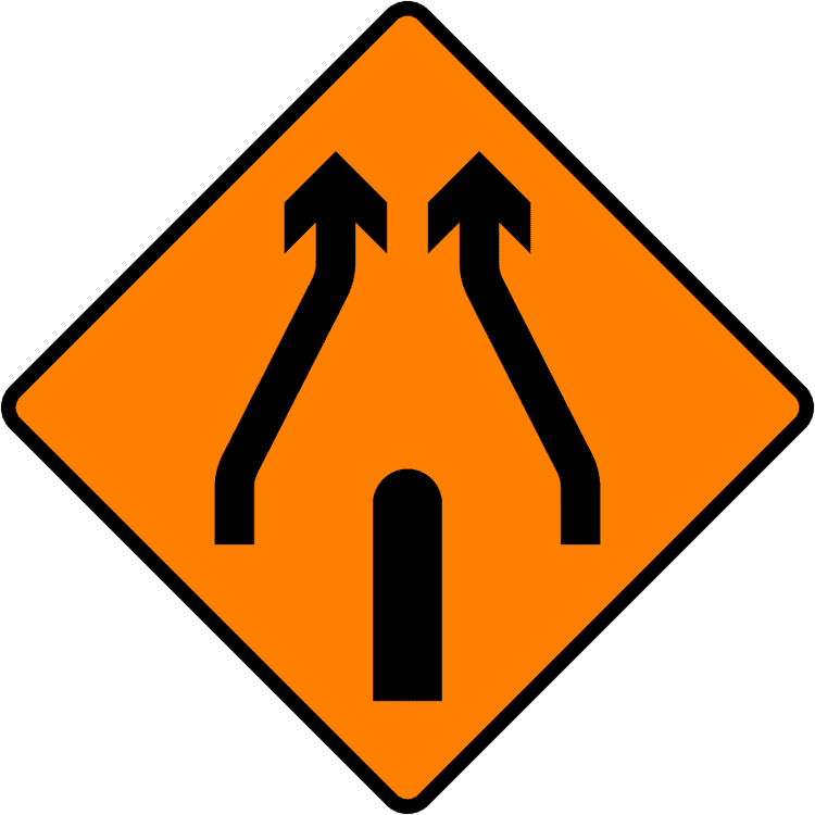 A common road sign in Ireland for end of obstruction between lanes. Driving Theory Test revision.