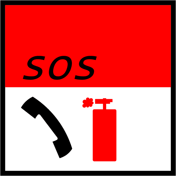 A common road sign in Ireland for fire extinguisher and telephone. Driving Theory Test revision.