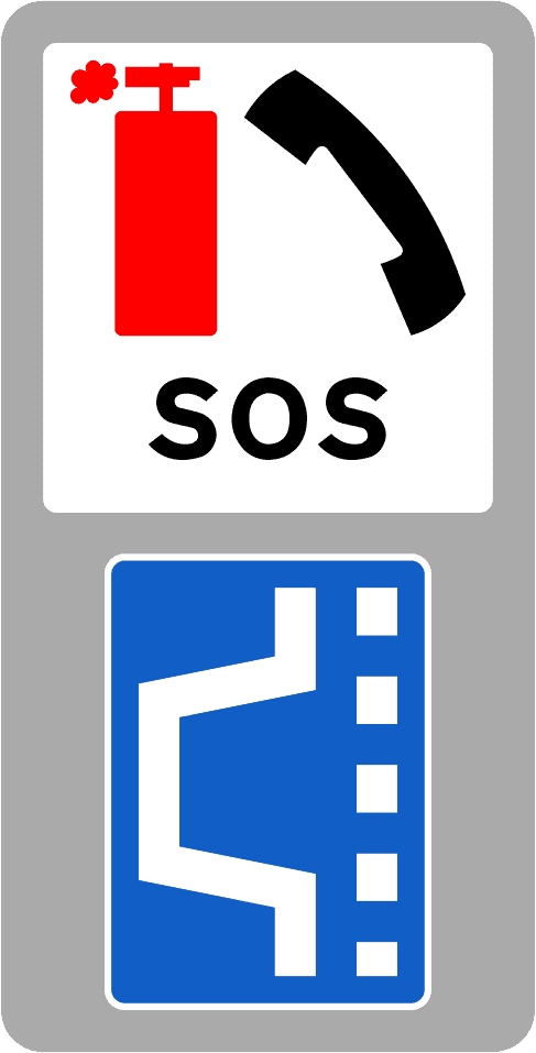 Irish Traffic Sign: Fire Extinguisher, Telephone and Lay-by A common road sign in Ireland for fire extinguisher, telephone and lay-by. Driving Theory Test revision.