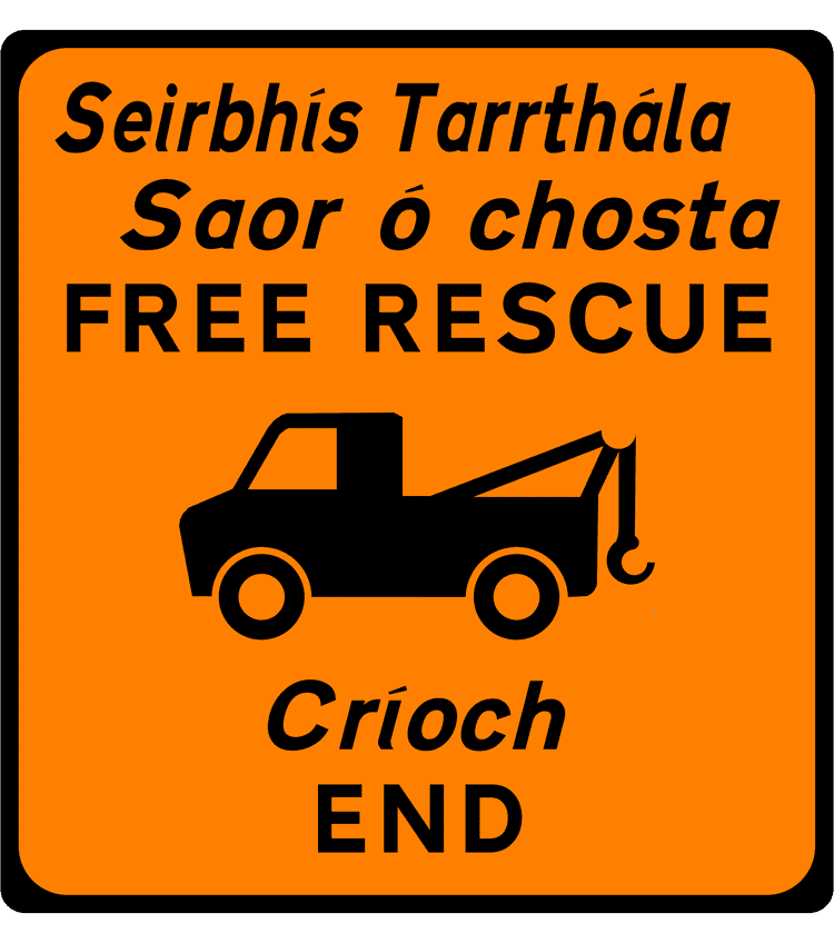 A common road sign in Ireland for free recovery end. Driving Theory Test revision.