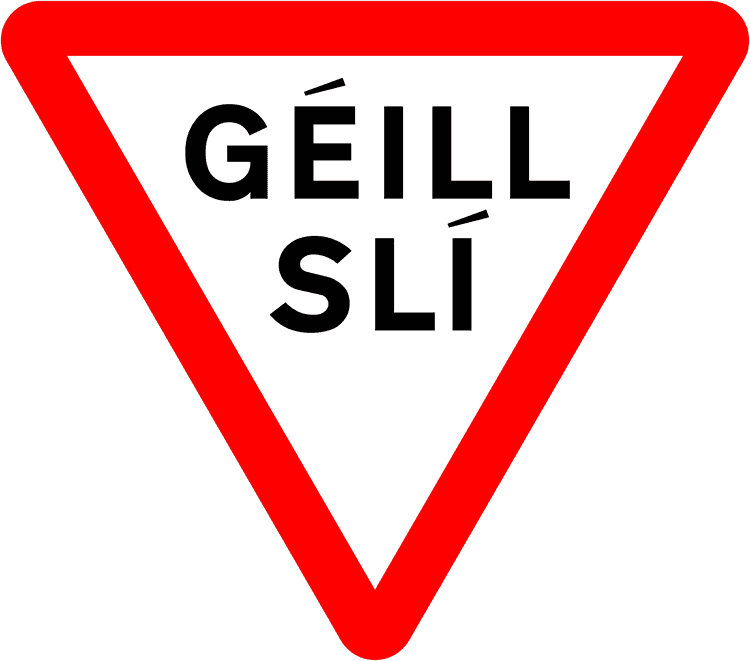 A regulatory road sign in Ireland enforcing géill slí (yield sign in irish). Essential for the Driving Theory Test.