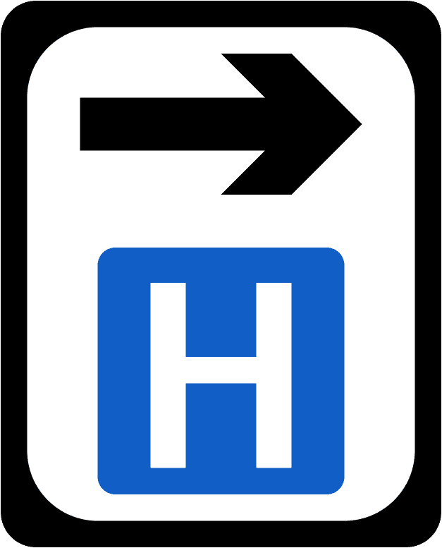 A common road sign in Ireland for hospital advance direction. Driving Theory Test revision.