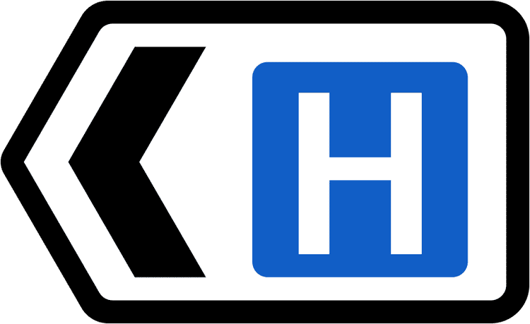 A common road sign in Ireland for hospital direction sign. Driving Theory Test revision.