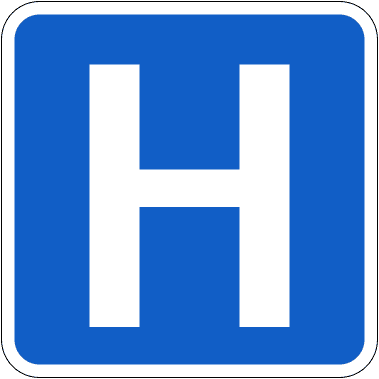 A common road sign in Ireland for hospital. Driving Theory Test revision.