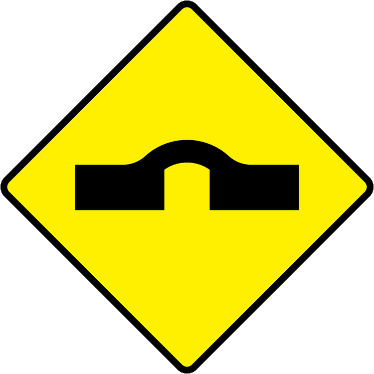Irish Warning Sign: Humpback Bridge - Driving Theory Test Prep A triangular warning traffic sign in Ireland depicting humpback bridge. Memorize for DTT.