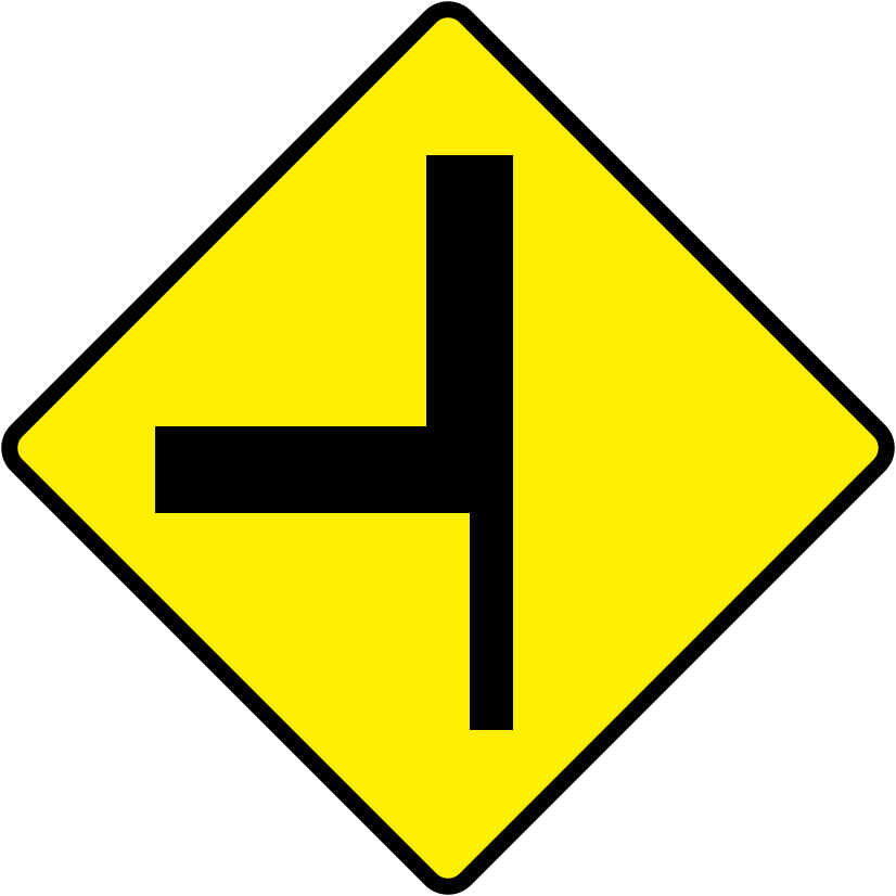 A triangular warning traffic sign in Ireland depicting junction with major road at sharp corner - left. Memorize for DTT.