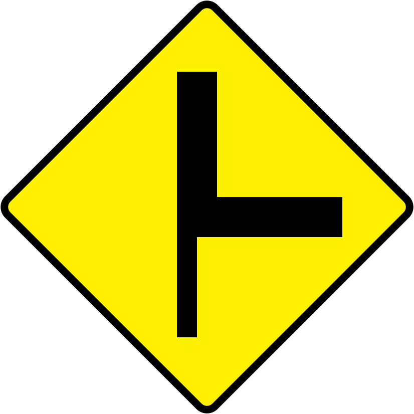 A triangular warning traffic sign in Ireland depicting junction with major road at sharp corner - right. Memorize for DTT.