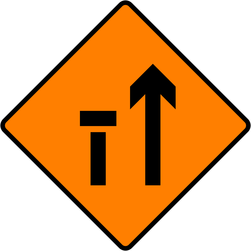 A common road sign in Ireland for lane 1 of 2 closed (level 1). Driving Theory Test revision.