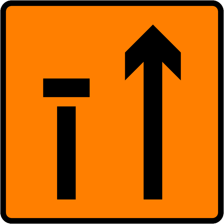 A common road sign in Ireland for lane 1 of 2 closed (level 3). Driving Theory Test revision.