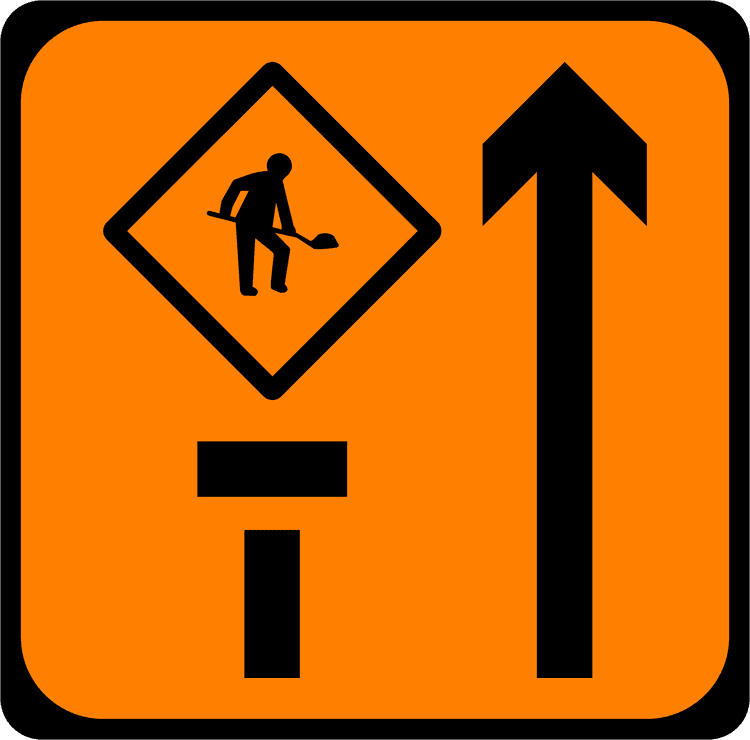 A common road sign in Ireland for lane 1 of 2 closed mlc. Driving Theory Test revision.