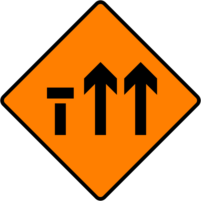Irish Traffic Sign: Lane 1 of 3 Closed (Level 1) A common road sign in Ireland for lane 1 of 3 closed (level 1). Driving Theory Test revision.