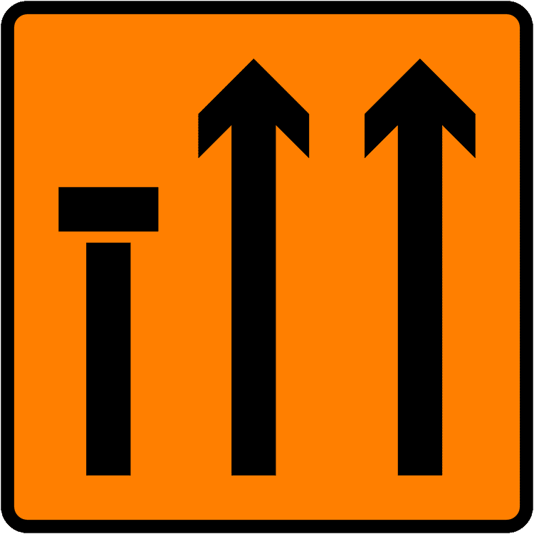 A common road sign in Ireland for lane 1 of 3 closed (level 3). Driving Theory Test revision.