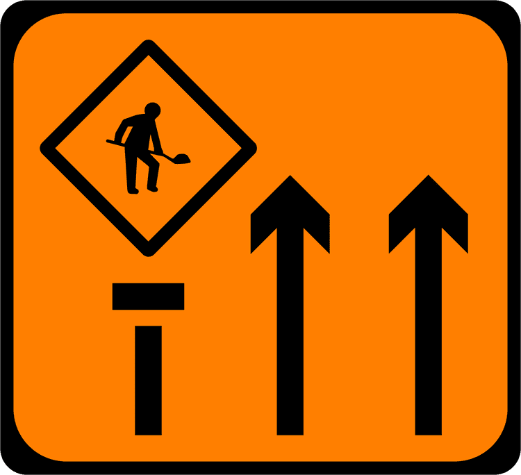 A common road sign in Ireland for lane 1 of 3 closed mlc. Driving Theory Test revision.