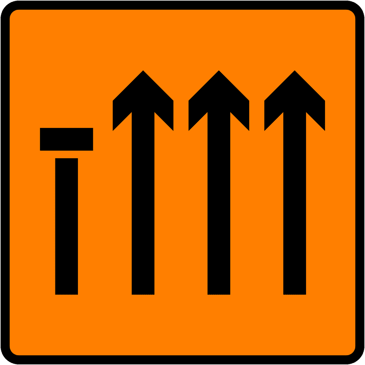 A common road sign in Ireland for lane 1 of 4 closed (level 3). Driving Theory Test revision.