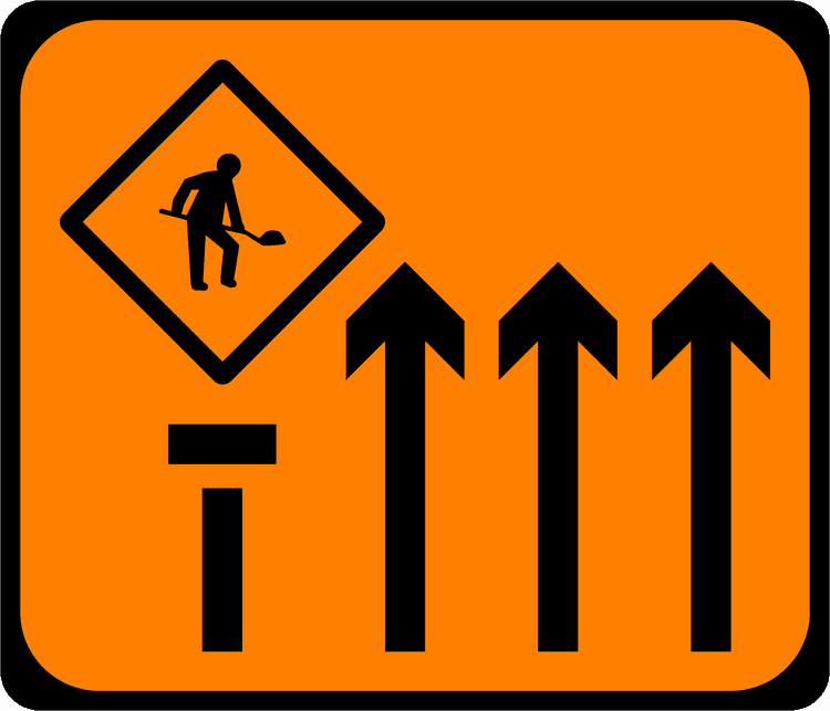 A common road sign in Ireland for lane 1 of 4 closed mlc. Driving Theory Test revision.